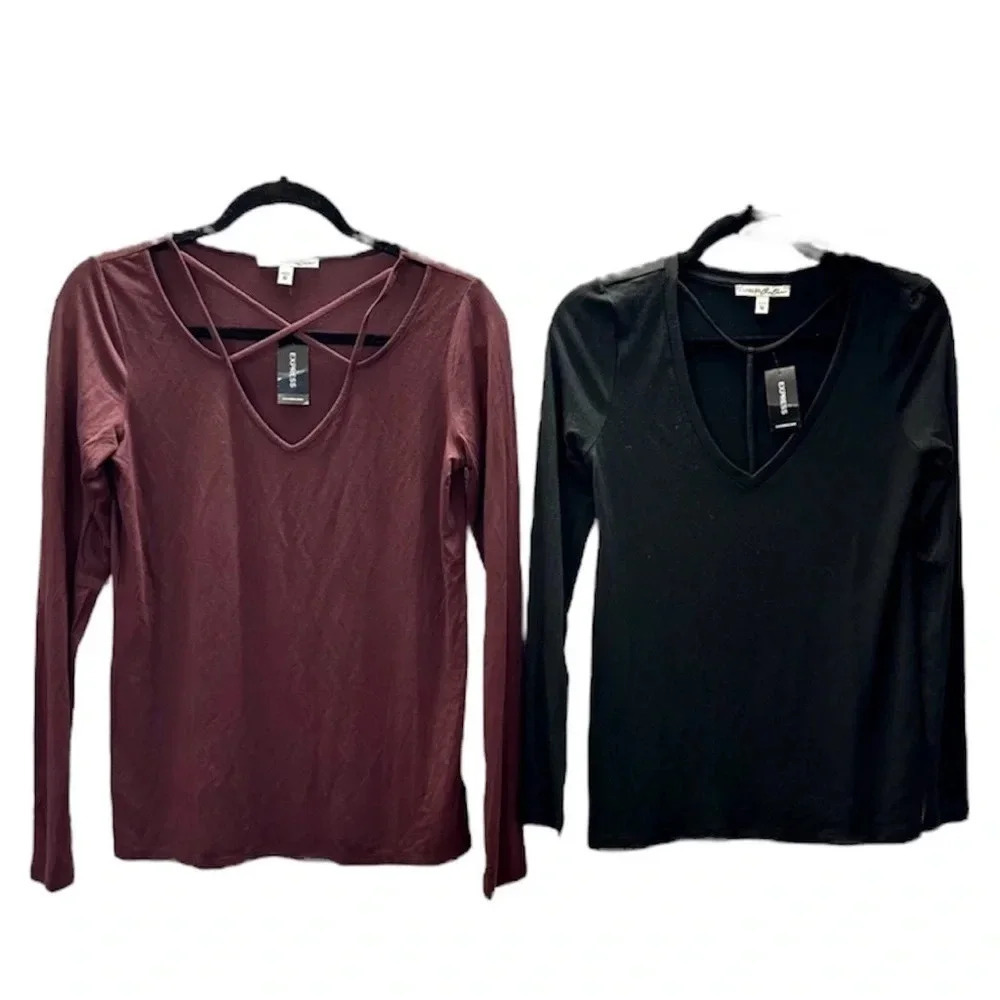 Express One Eleven Black and Maroon Criss Cross Long Sleeve Set of 2 Tops Sz XS